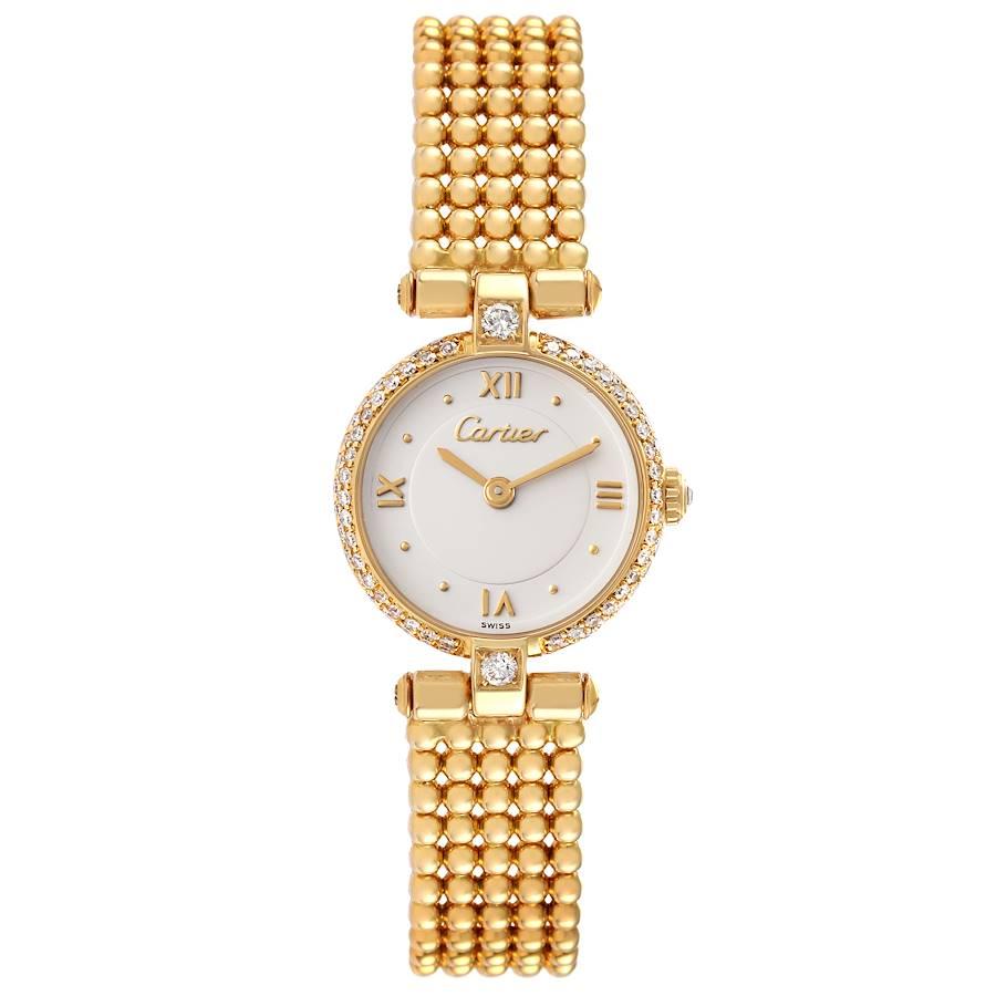 Cartier Colisee Yellow Gold Diamond Silver Dial Ladies Watch 1110. Quartz movement. 18k yellow gold case 20.0 mm in diameter. Circular grained crown set with diamond. Original Cartier factory diamond bezel. Scratch resistant sapphire crystal. Silver