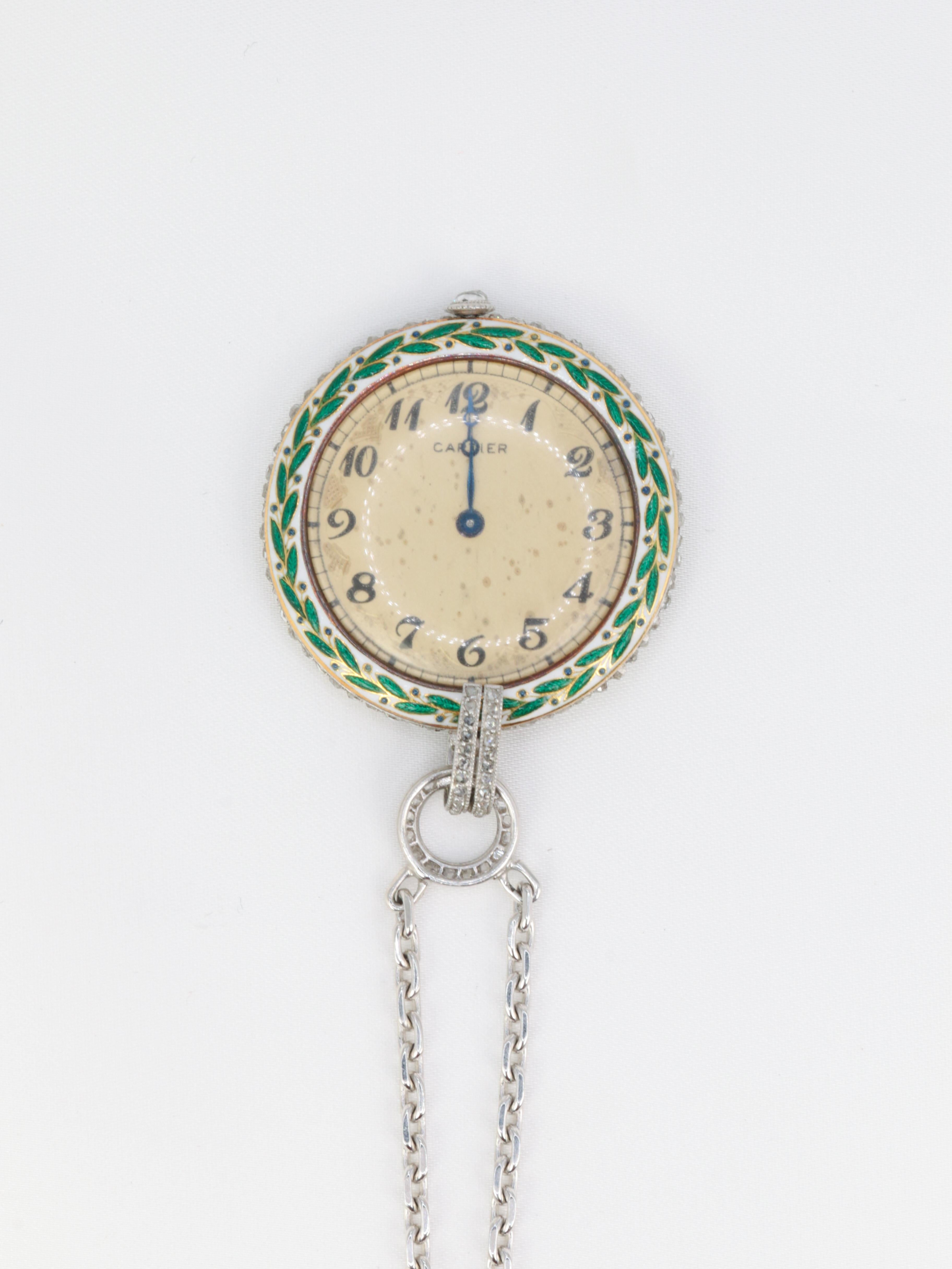 CARTIER, Collar watch - Pendant in gold, diamonds and enamel 1