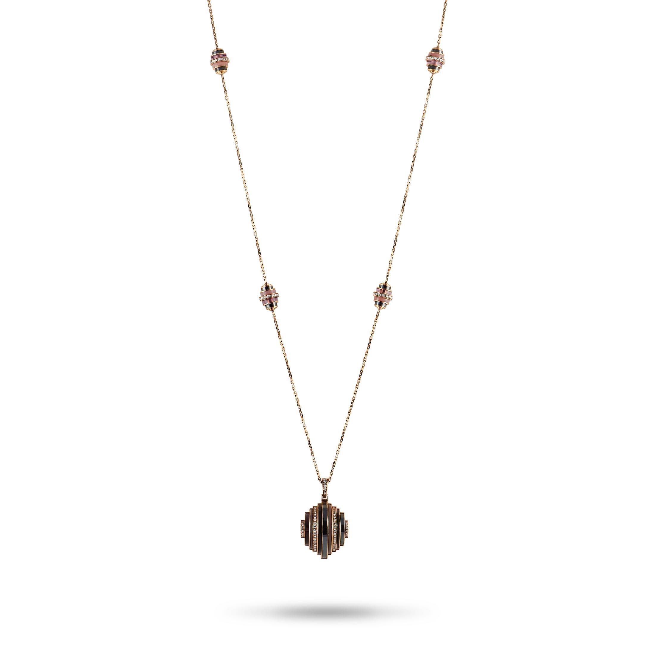 Breathtaking bands of color make this Cartier Collier Nouvelle Vague necklace uniquely elegant. This opulent accessory features an 18K Rose Gold chain measuring 32” long – suspended at the center, you’ll find a pendant measuring 1.65” long and 1.0”