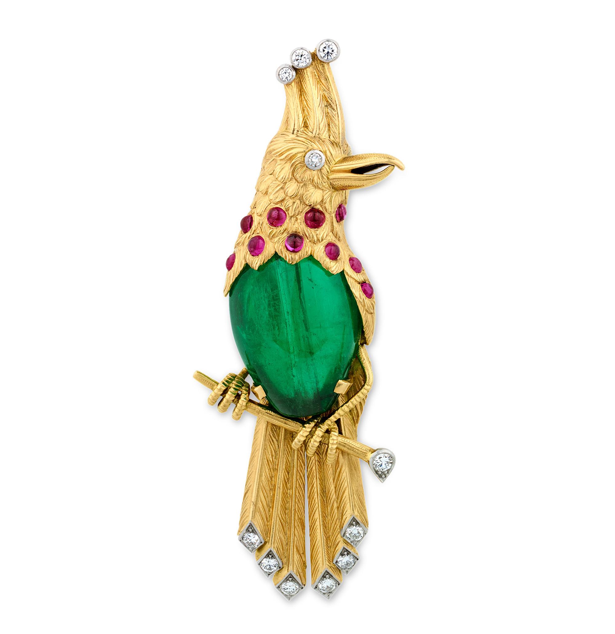 Cartier kolumbianische Smaragd-Vogelbrosche, 45,00 Karat (Perle) im Angebot