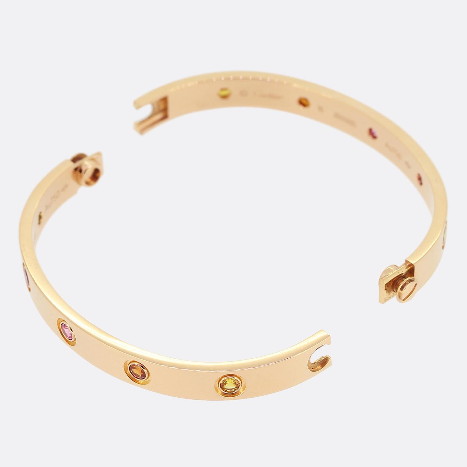 Round Cut Cartier Coloured Stones LOVE Bangle Size 16 For Sale