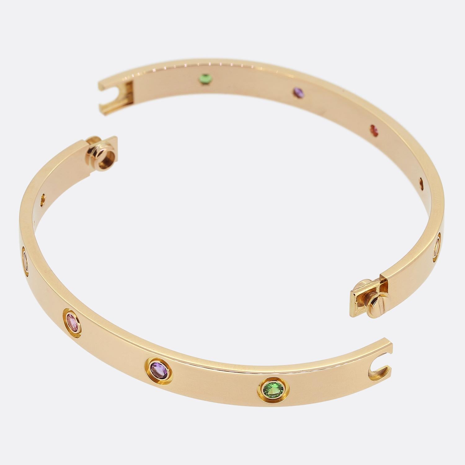Round Cut Cartier Coloured Stones LOVE Bangle Size 19 For Sale
