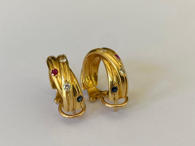 Cartier Constellation 18kt Yellow Gold, Ruby, Sapphire and Diamond Earrings In Good Condition For Sale In Denver, CO