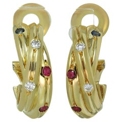 Cartier Constellation Diamond Ruby Sapphire Yellow Gold Clip-On Earrings