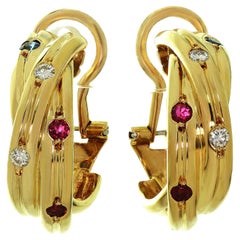 Cartier Constellation Diamond Ruby Sapphire Yellow Gold Earrings Box Papers