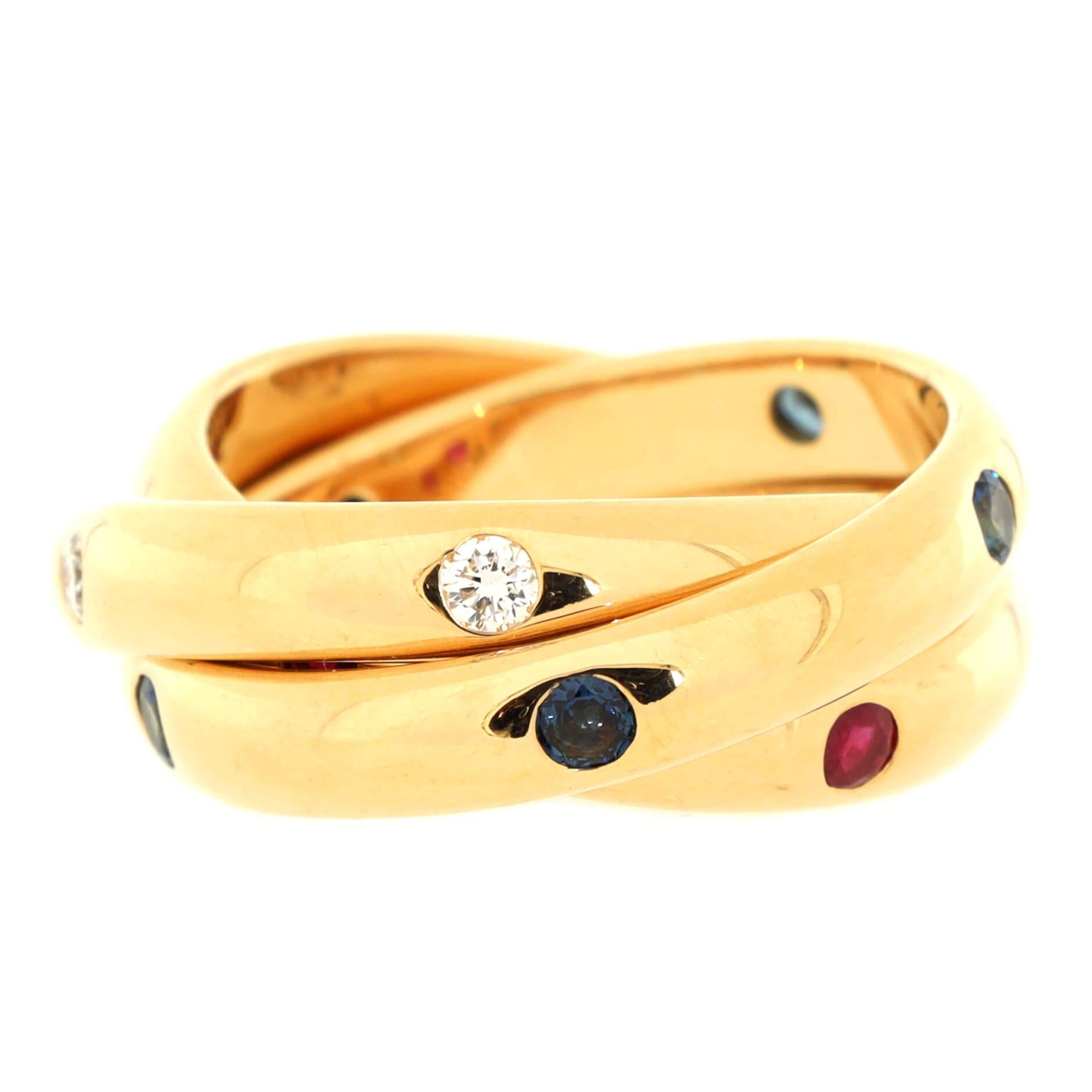 Condition: Moderately heavy wear and re-polishing throughout and missing serial number.
Accessories: No Accessories
Measurements: Size: 5, Width: 3.80 mm
Designer: Cartier
Model: Constellation Trinity Ring 18K Yellow Gold with Diamond, Sapphire and