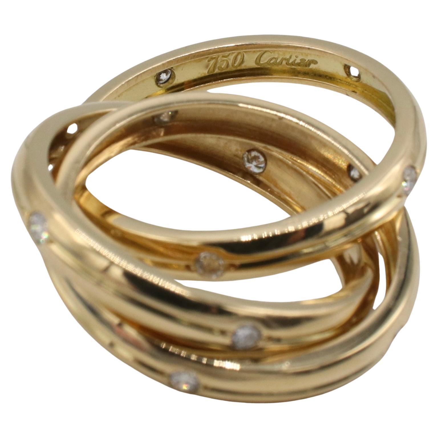 Round Cut Cartier Constellation Vintage Natural Diamond & Yellow Gold Trinity Band Ring 