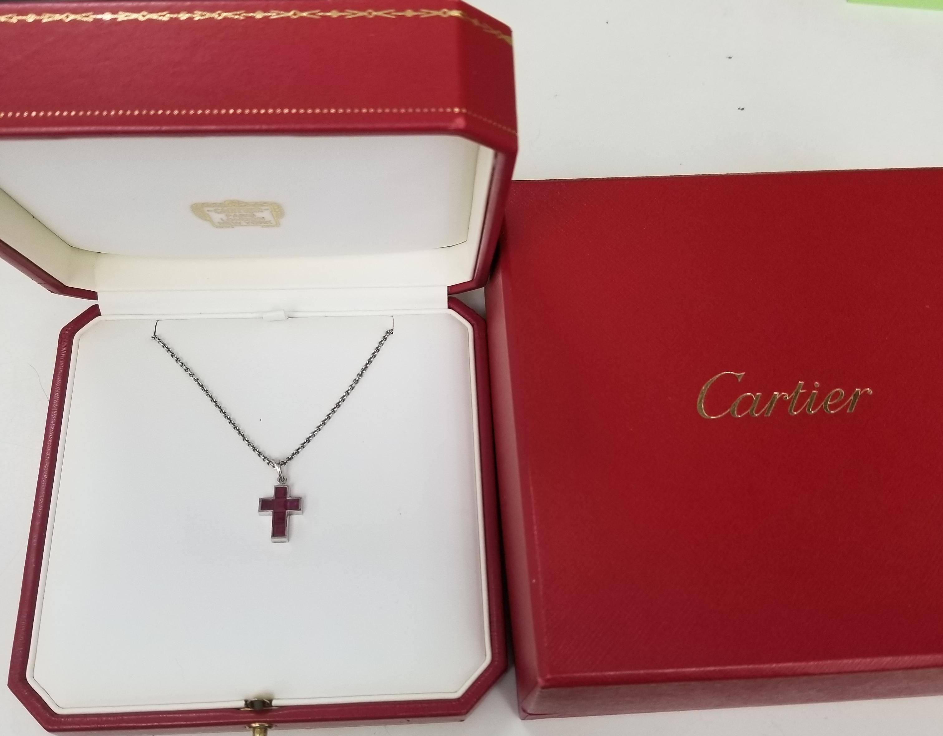 Princess Cut Cartier Contemporary Ruby Cross Necklace in Platinum