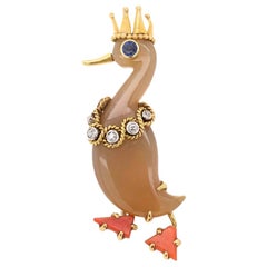 Cartier Coral Agate Diamond Duck Brooch in 18 Karat Yellow Gold, circa 1960