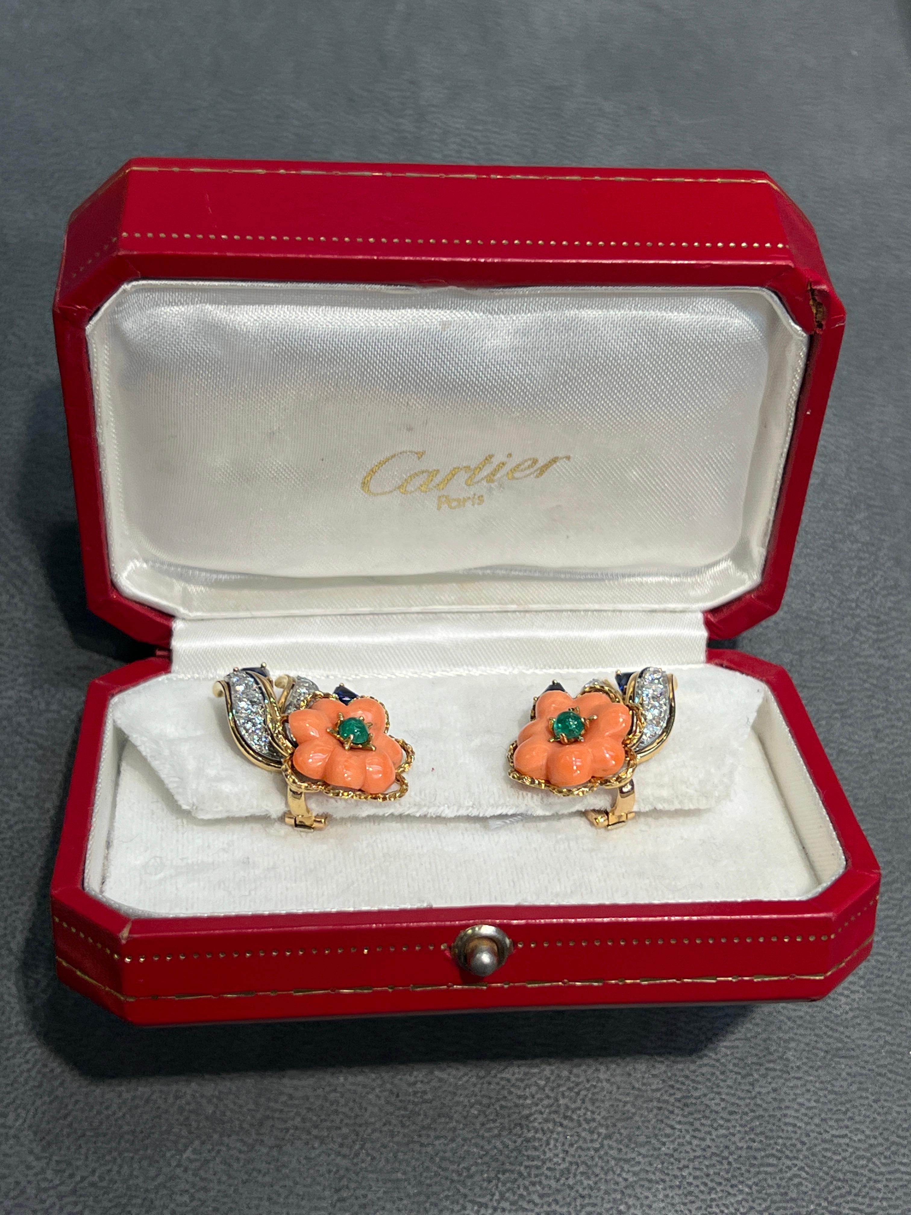 Cartier Coral and Sapphire Earrings For Sale 5
