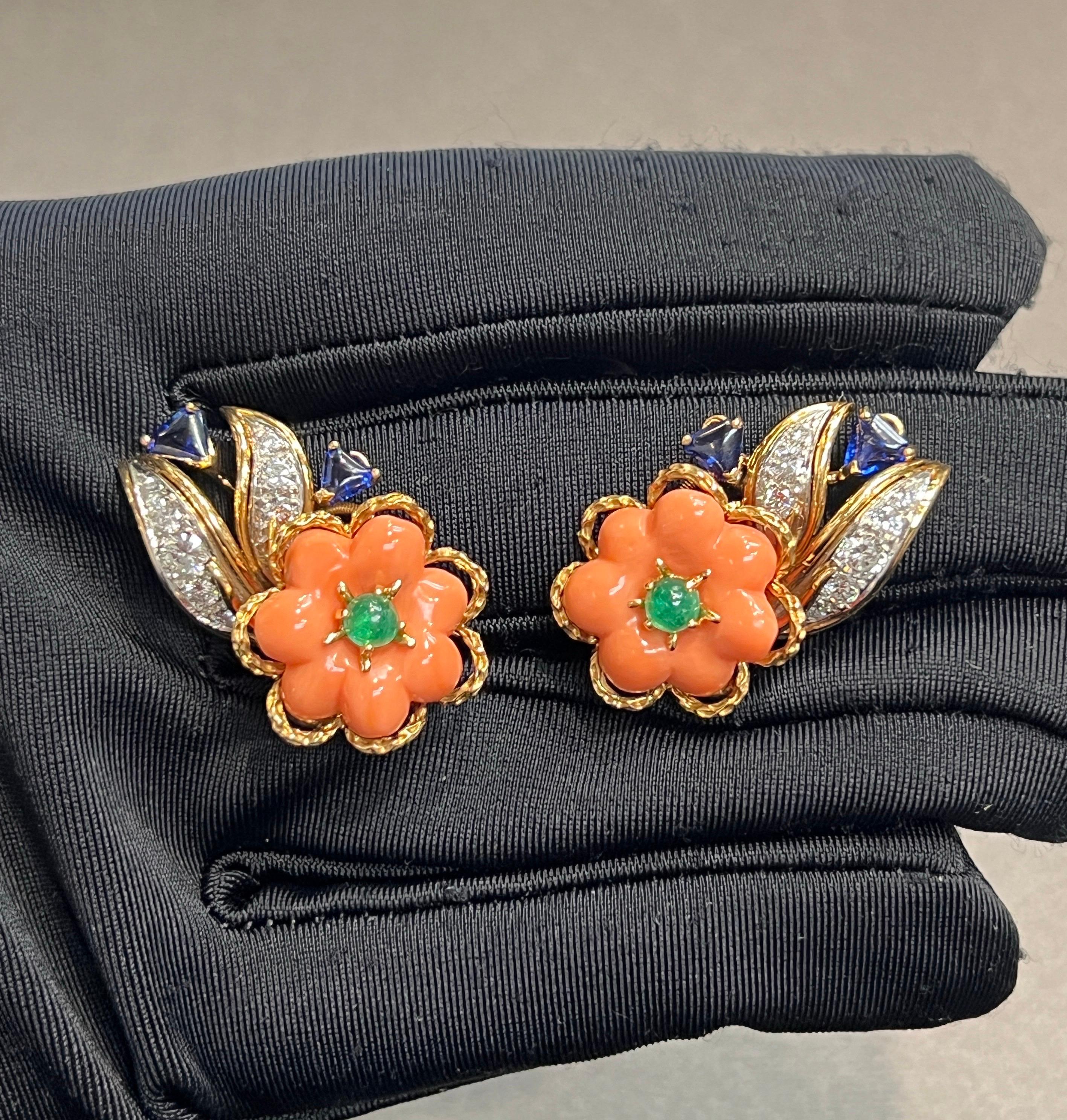 Mixed Cut Cartier Coral and Sapphire Earrings For Sale
