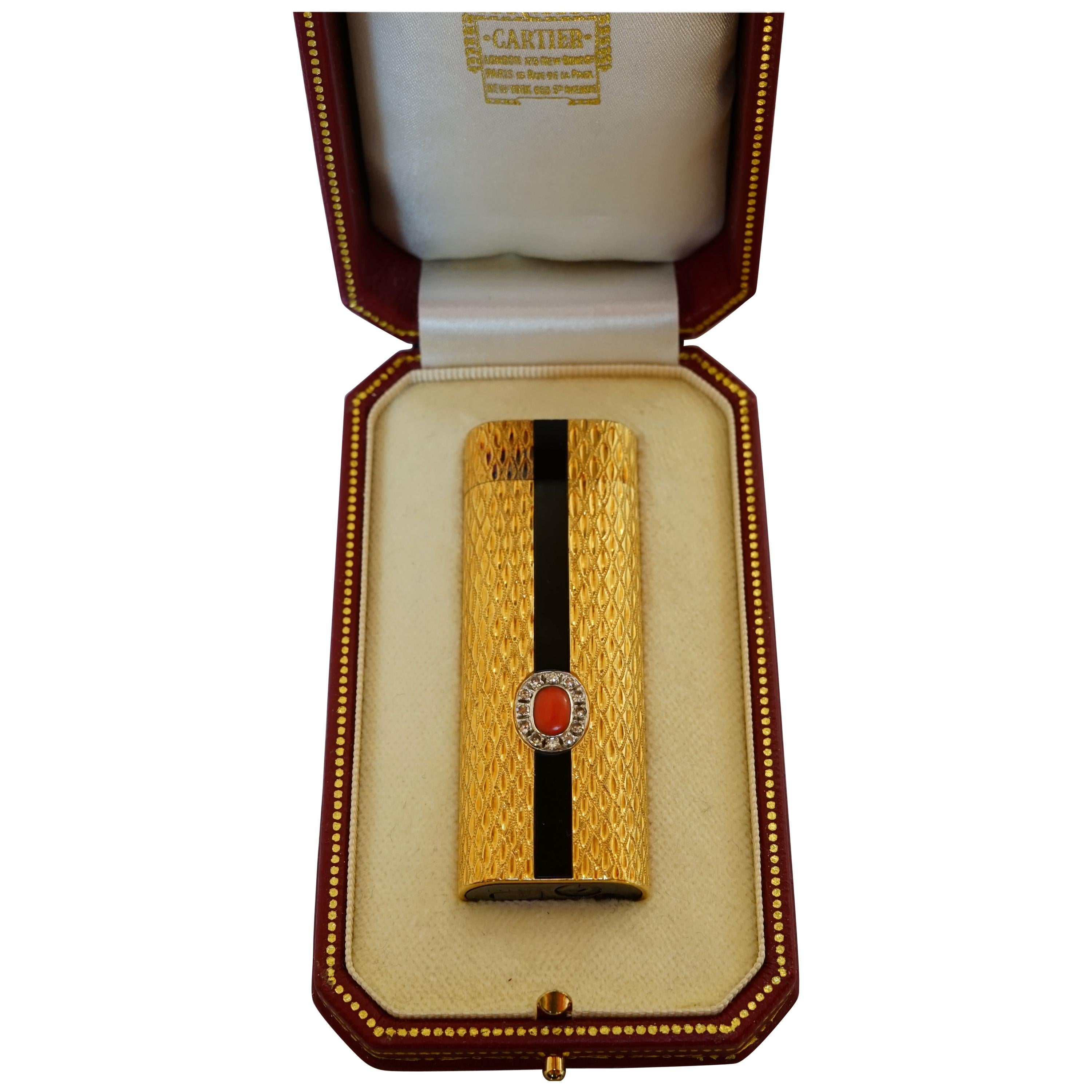 Cartier Coral, Black Onyx and Diamond Gold Lighter For Sale