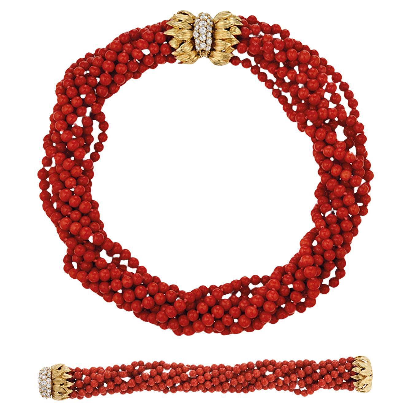 Cartier Coral Diamond Necklace and Bracelet Suite For Sale