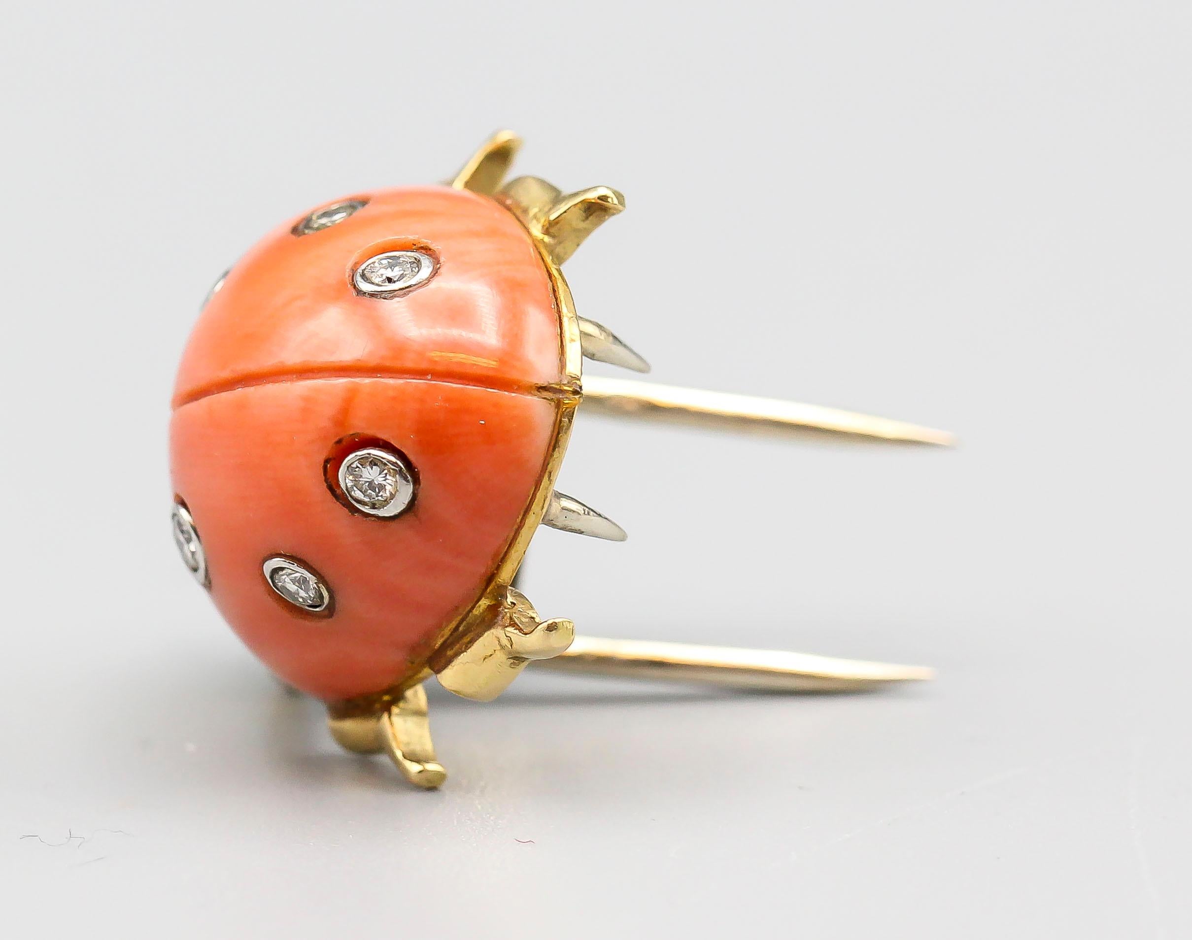 Cartier Coral Diamond Platinum and 18 Karat Gold Ladybug Brooch Clip In Good Condition For Sale In New York, NY