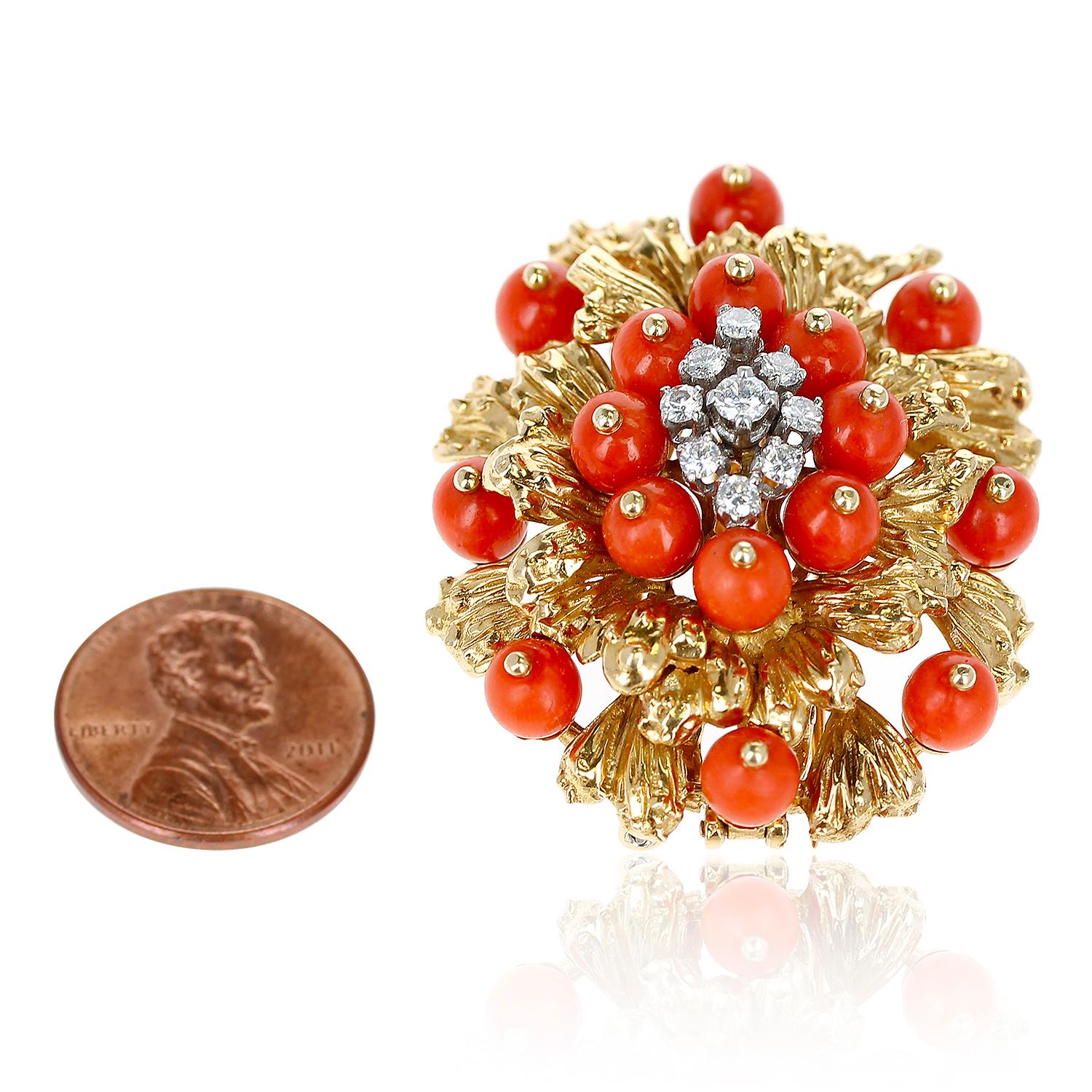 Bead Cartier Coral, Diamonds, and 18 Karat Gold Brooch and Pendant For Sale