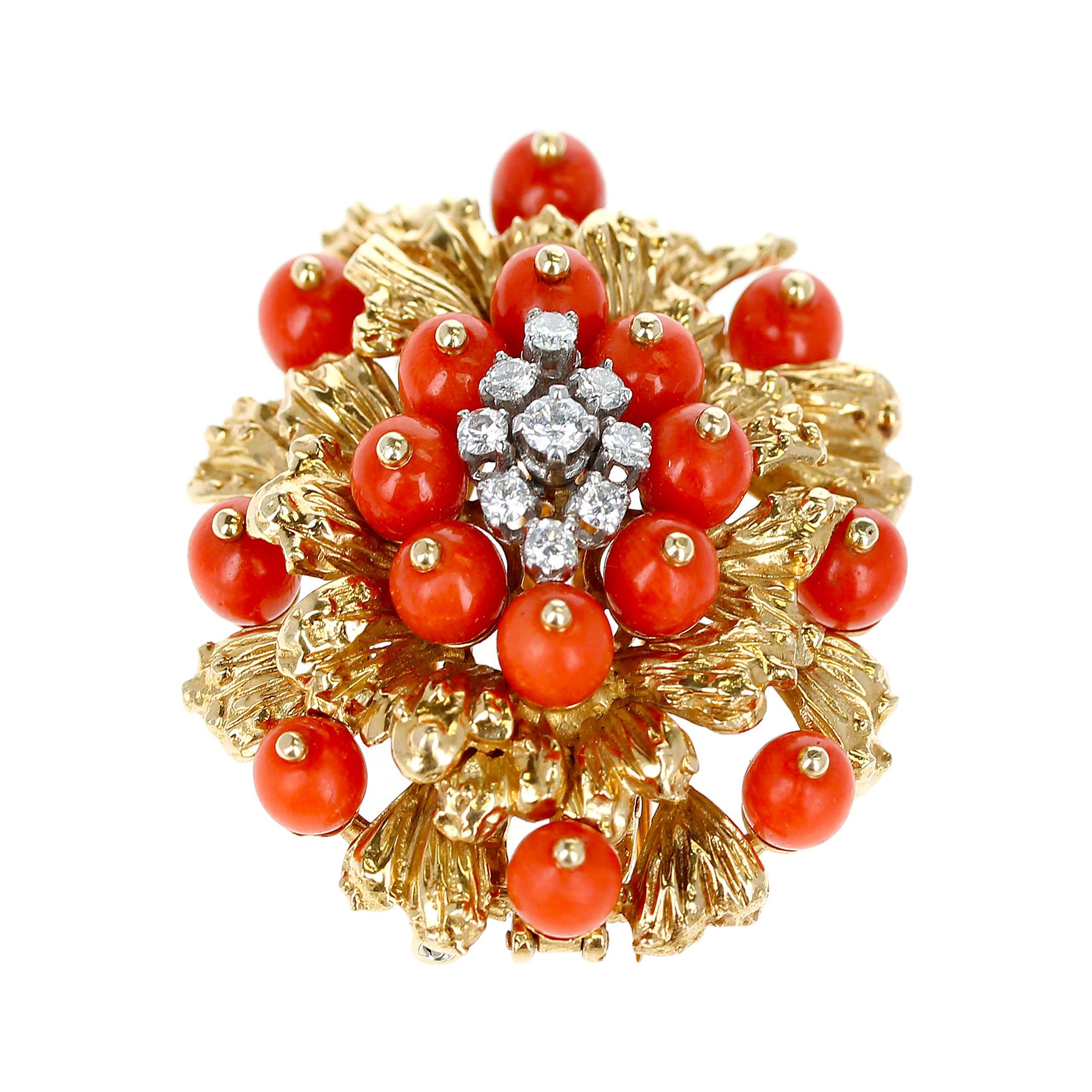 Cartier Coral, Diamonds, and 18 Karat Gold Brooch and Pendant For Sale