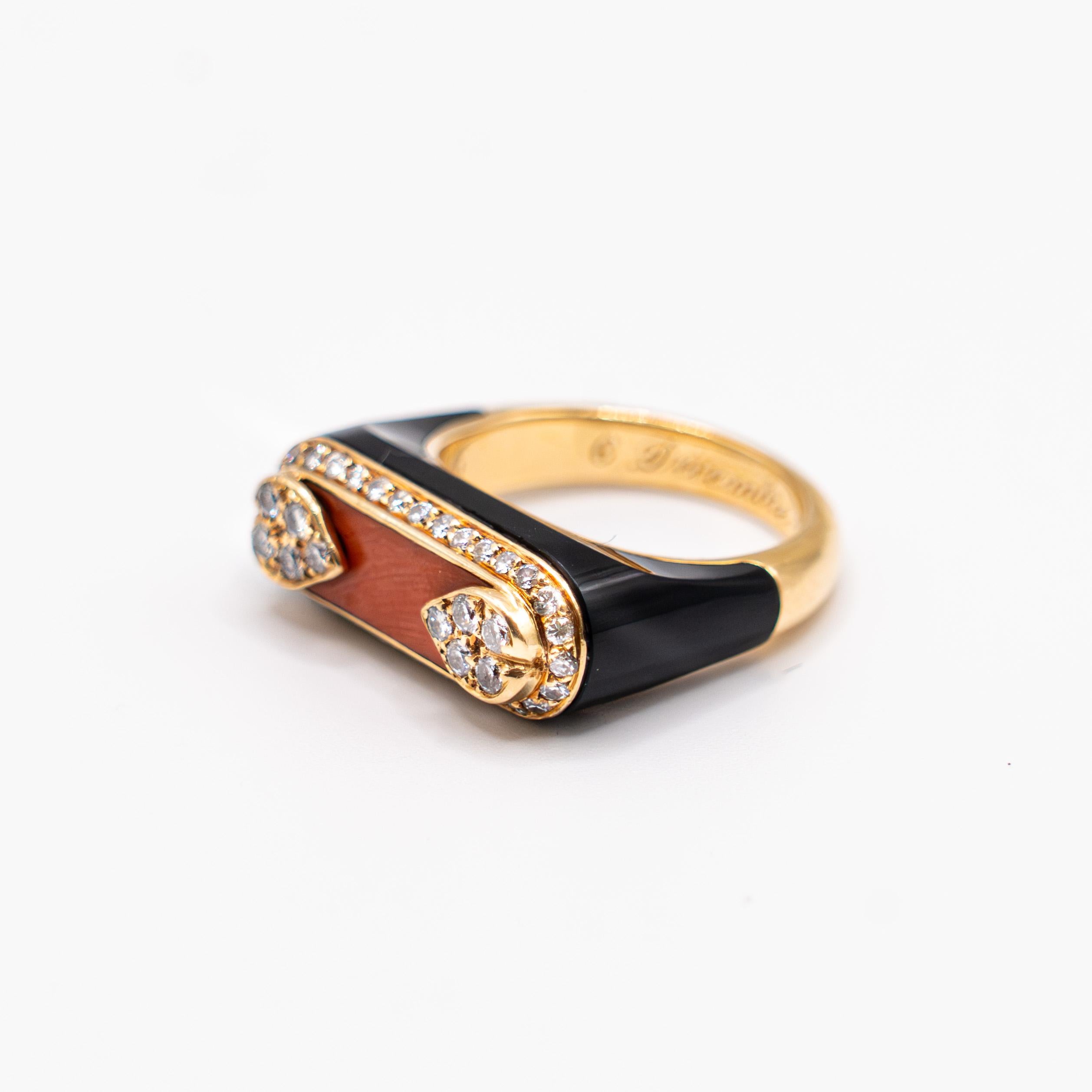 Modernist Cartier Coral Diamonds Onyx Ring