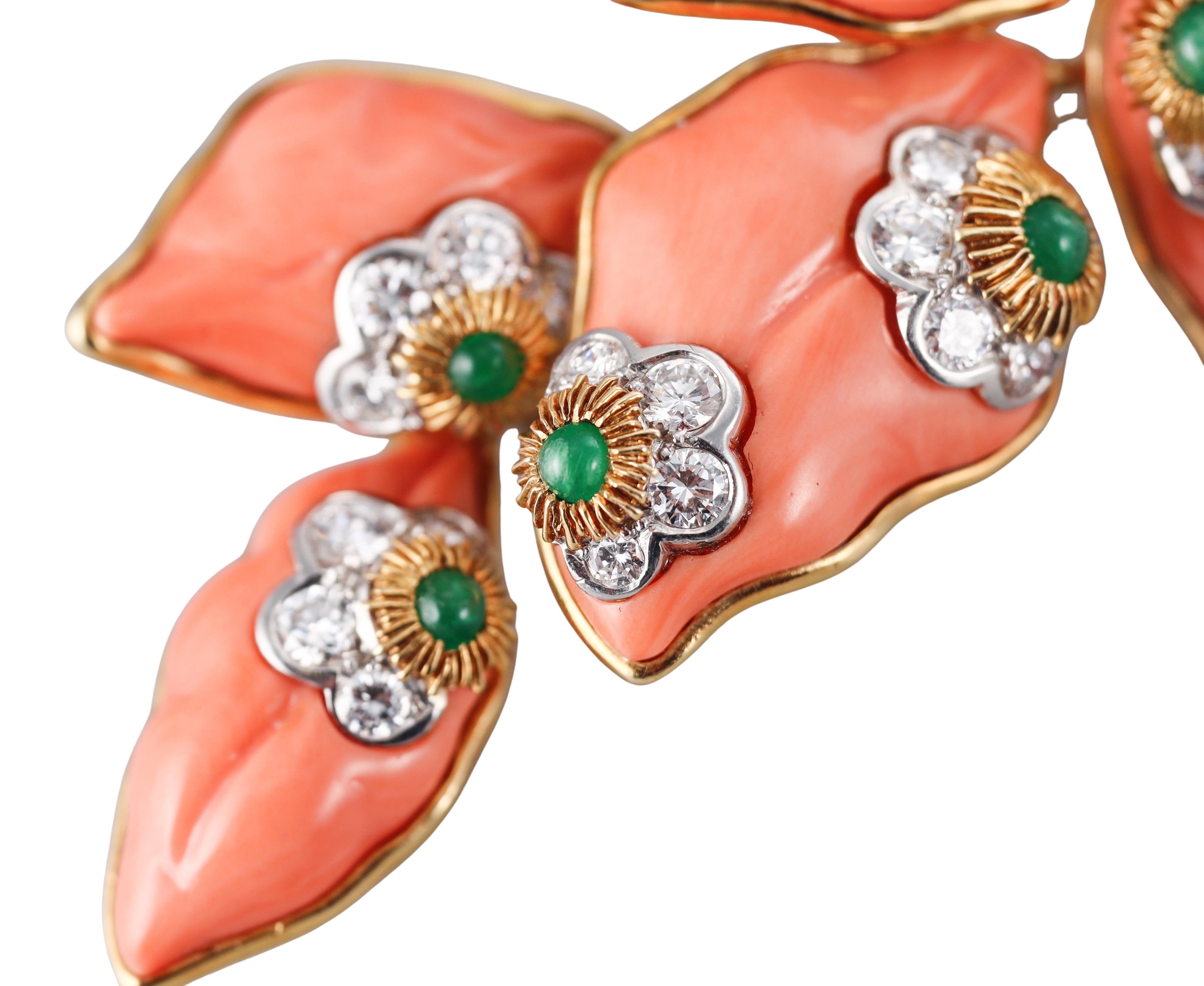 Cartier Coral Emerald Diamond Yellow Gold Brooch In Excellent Condition In New York, NY
