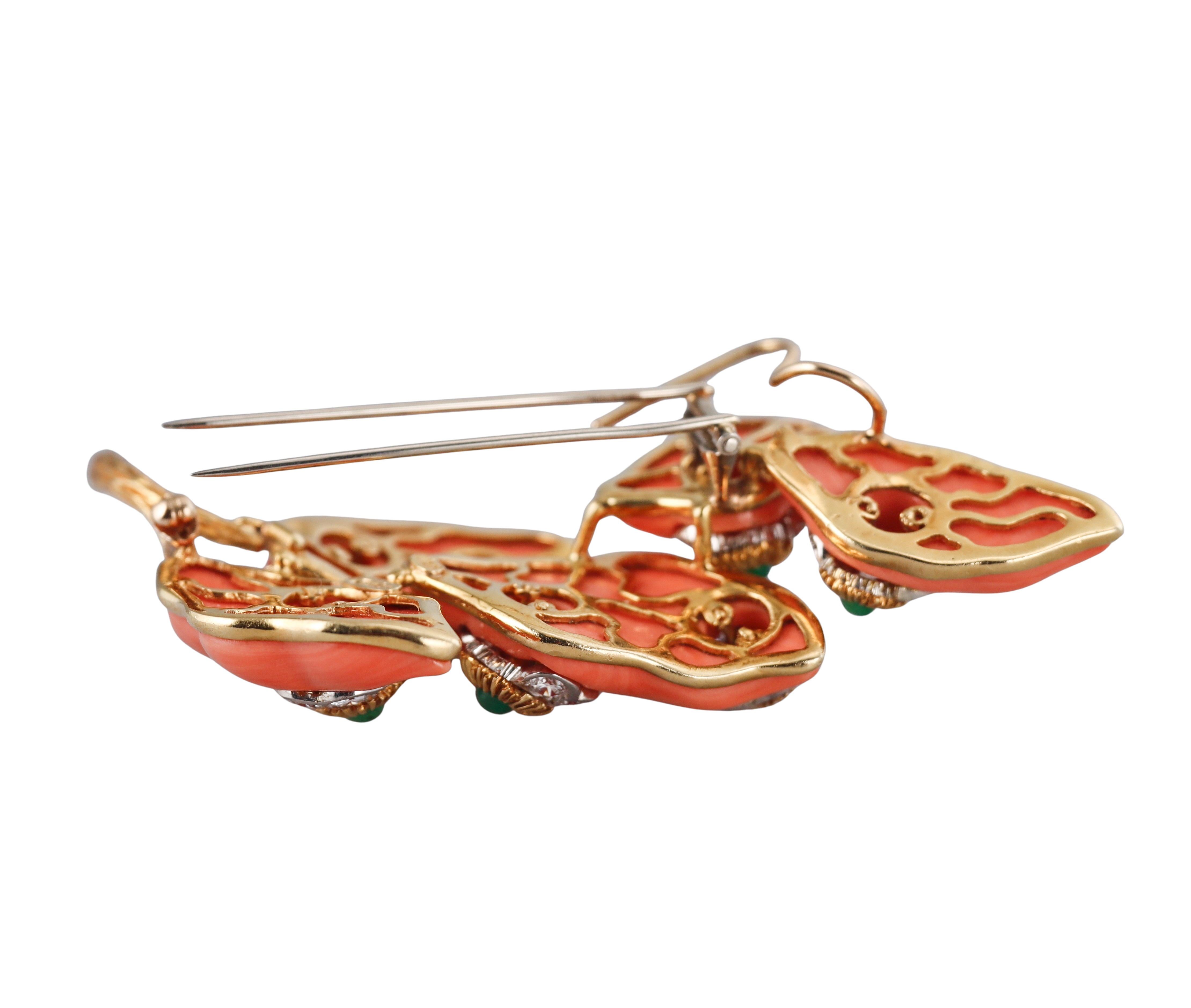 Women's Cartier Coral Emerald Diamond Yellow Gold Brooch