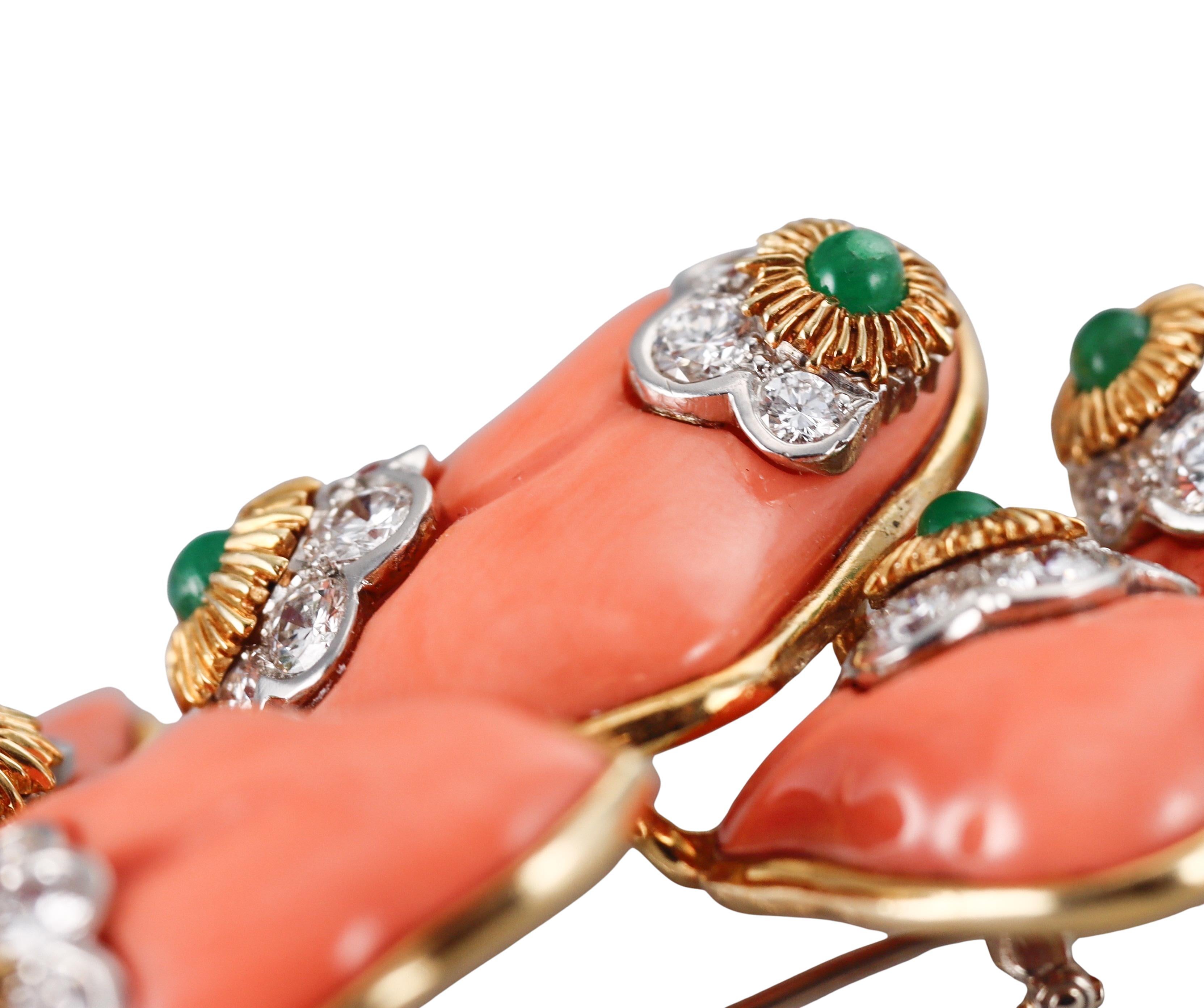Cartier Coral Emerald Diamond Yellow Gold Brooch 1