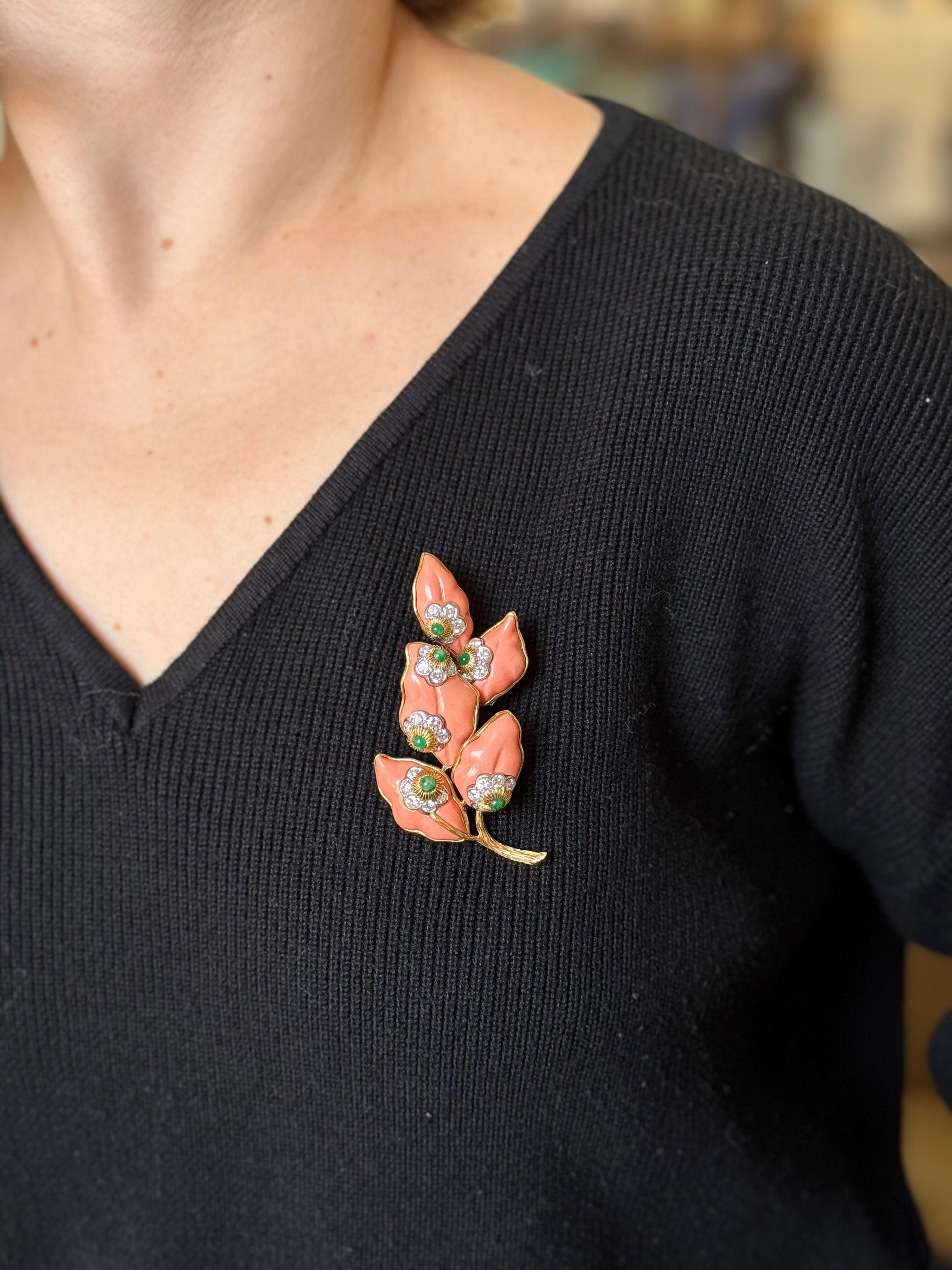 Cartier Coral Emerald Diamond Yellow Gold Brooch 2