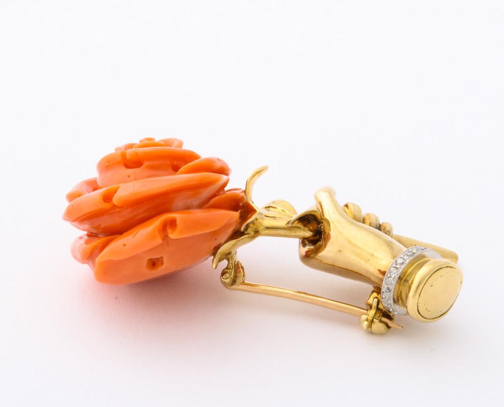 Round Cut Cartier Coral Flower in Hand Pin