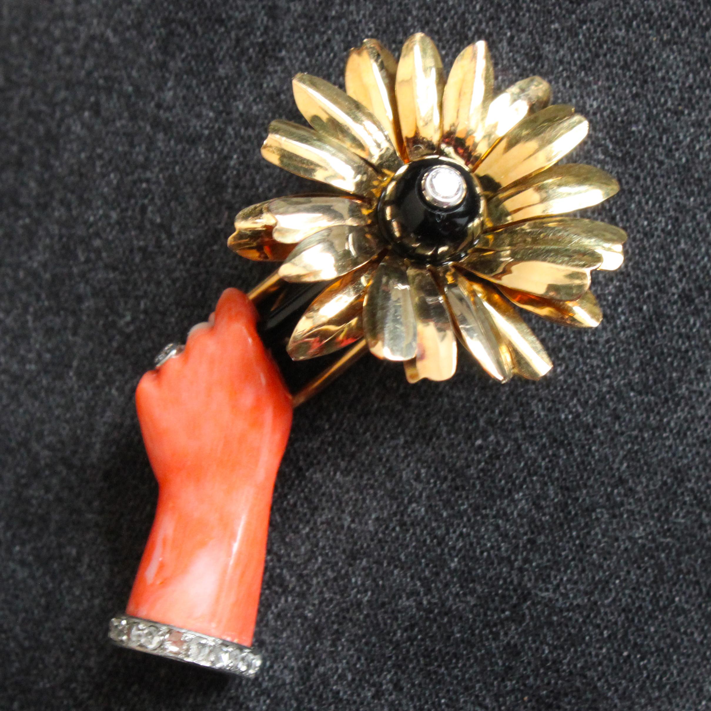 Round Cut Cartier Coral Hand and Flower Pin Brooch, circa 1937