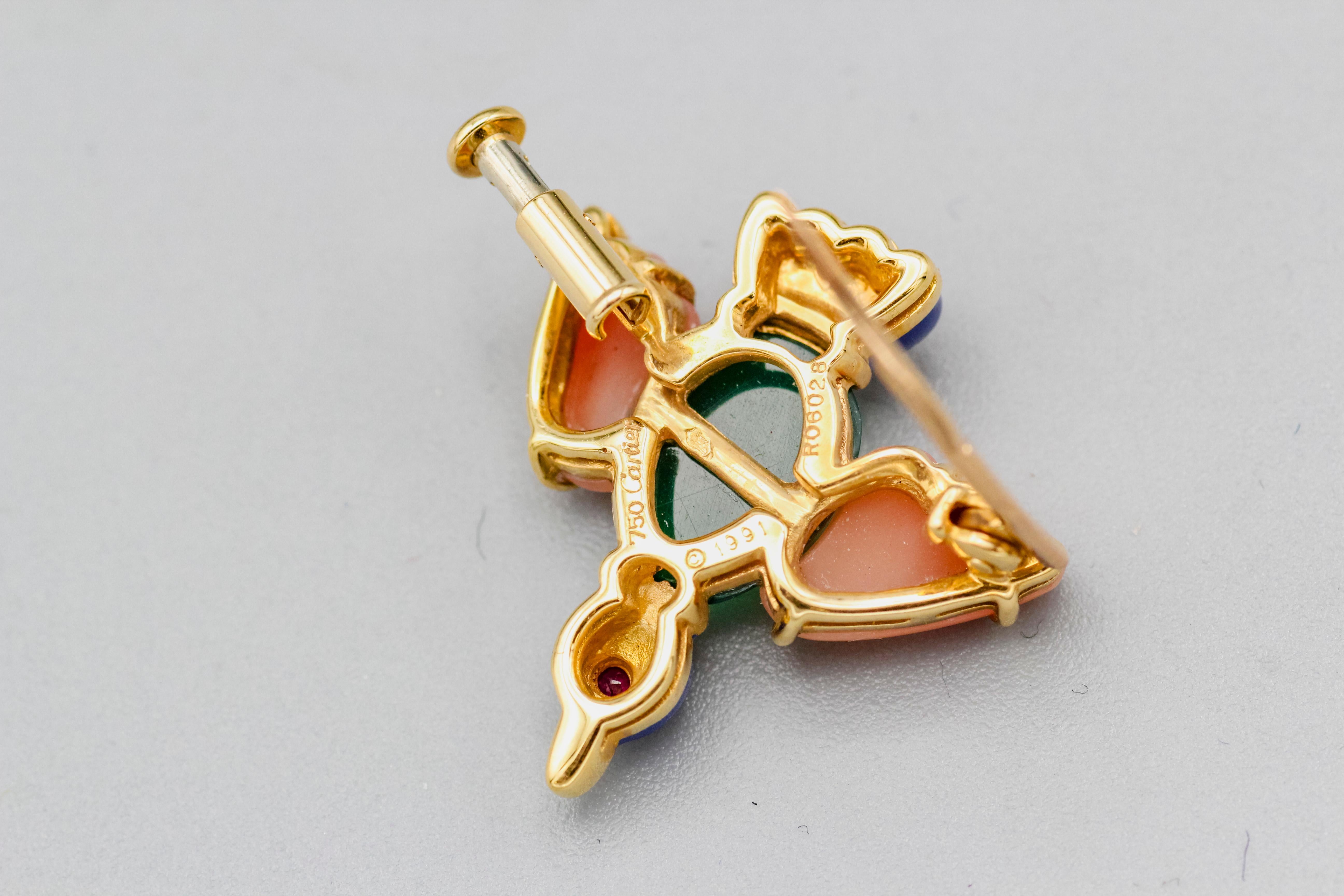 Cartier Coral Ruby Lapis Malachite 18 Karat Gold Bird Brooch Clip In Good Condition For Sale In New York, NY