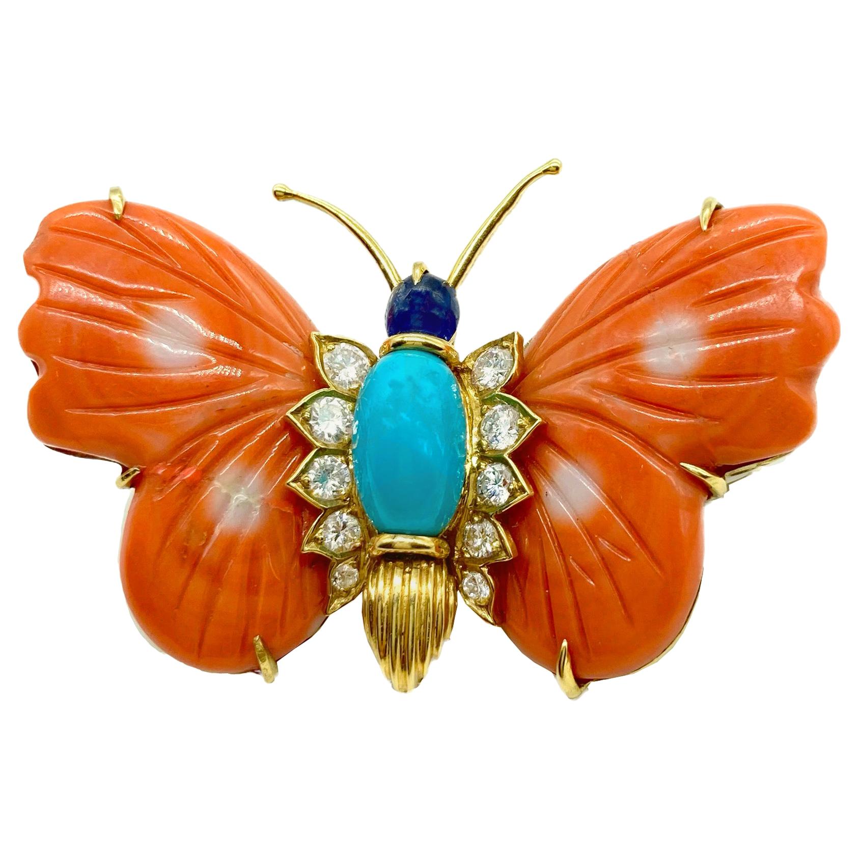 Cartier Coral, Turquoise, Diamond, Sapphire Butterfly Brooch