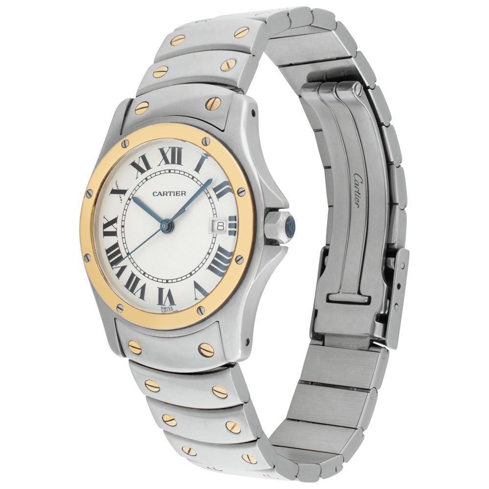 Cartier Cougar in 18k & stainless steel. Quartz w/ sweep seconds and date. 30 mm case size. With damaged box. Ref 1551. Circa 2000s. Fine Pre-owned Cartier Watch. Certified preowned Classic Cartier Cougar 1551 watch is made out of Gold and steel on