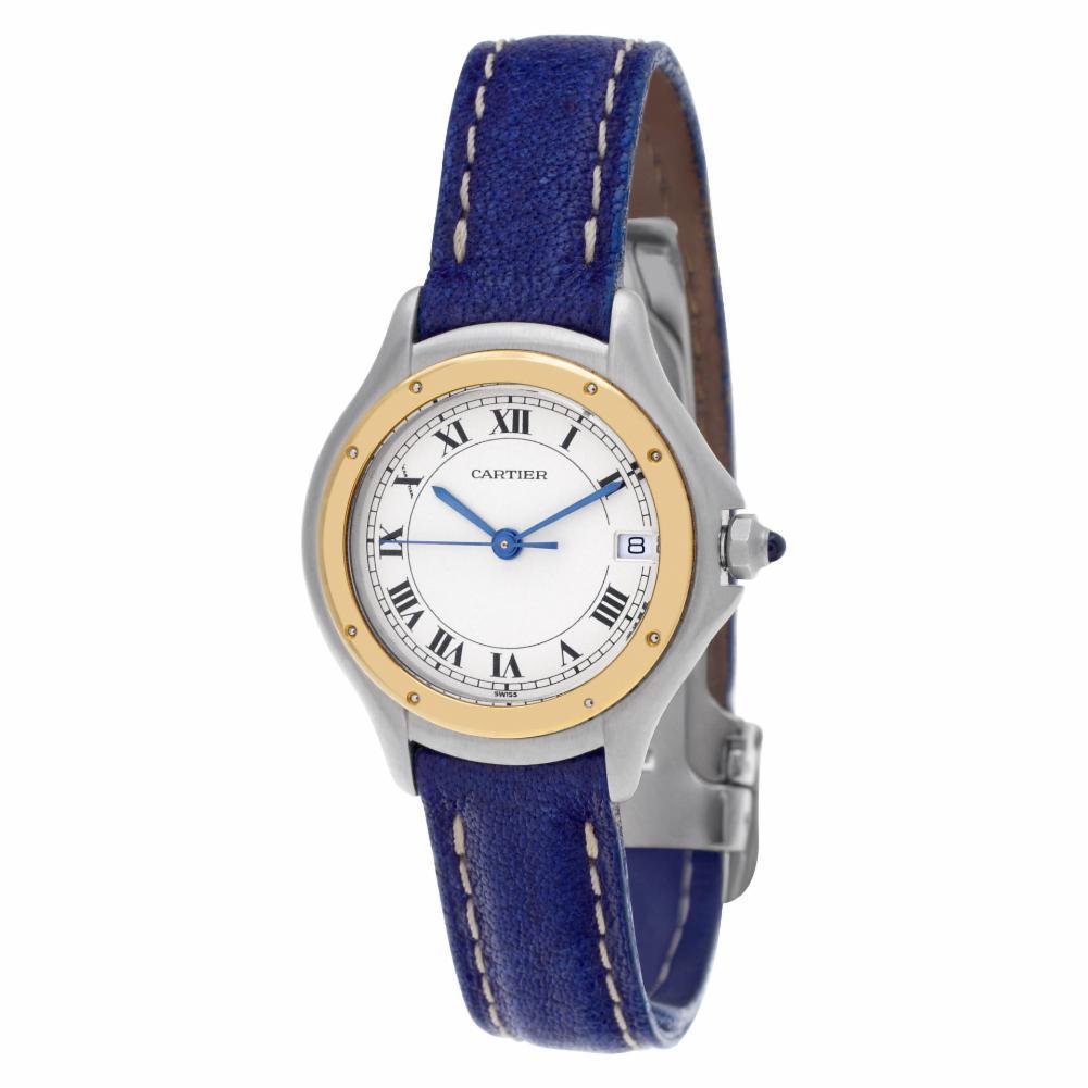 Cartier Cougar Reference #:187908C. Cartier Cougar in 18k & stainless steel on blue leather strap. Quartz w/ date and sweep seconds. 26 mm case size. Ref 187908C. Circa 2000s. Fine Pre-owned Cartier Watch. Certified preowned Classic Cartier Cougar