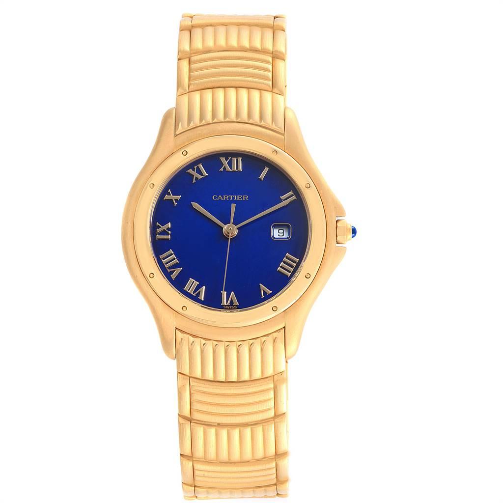 Cartier Cougar 18K Yellow Gold Blue Dial Unisex Watch 11651. Quartz movement. 18k yellow gold round case 32 mm in diameter Octagonal crown set with the blue sapphire cabochon. 18k yellow gold polished fixed bezel, secured with 8 pins. Scratch