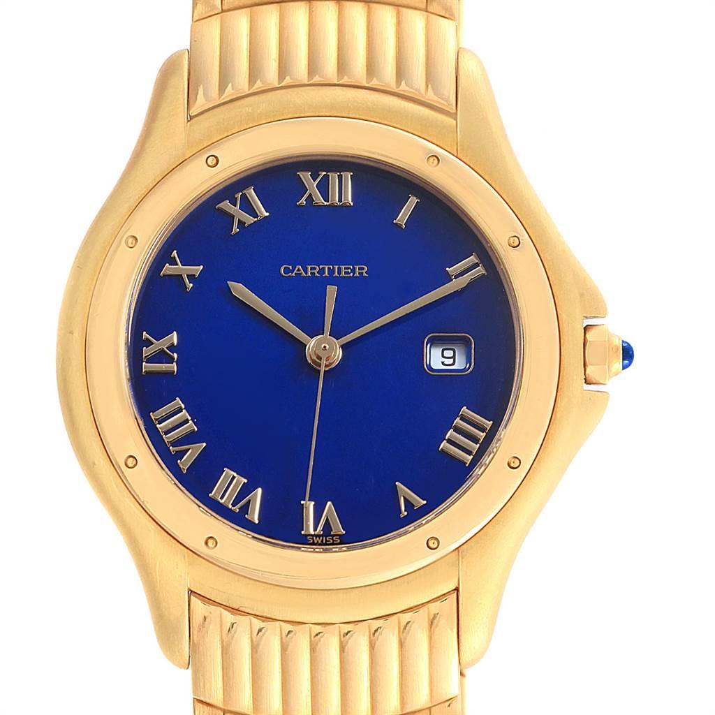 Cartier Cougar 18 Karat Yellow Gold Blue Dial Unisex Watch 11651 For Sale