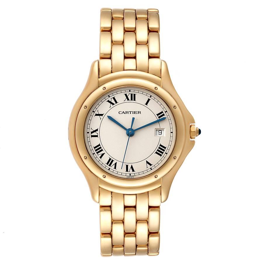 Cartier Cougar 18K Yellow Gold Silver Dial Ladies Watch 116000R. Quartz movement. 18k yellow gold round case 33 mm in diameter. Octagonal crown set with a blue sapphire cabochon. 18k yellow gold polished bezel, secured with 8 pins. Scratch resistant