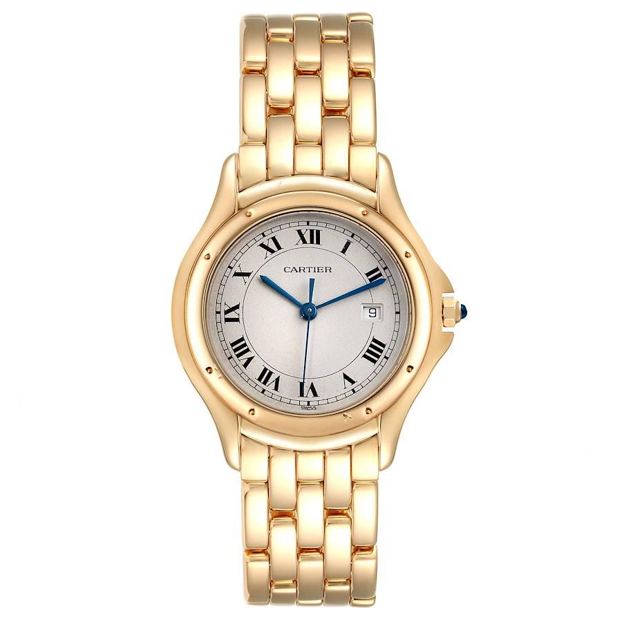 Cartier Cougar 18K Yellow Gold Silver Dial Ladies Watch 887904. Quartz movement. 18k yellow gold round case 32 mm in diameter Octagonal crown set with the blue sapphire cabochon. 18k yellow gold polished bezel, secured with 8 pins. Scratch resistant