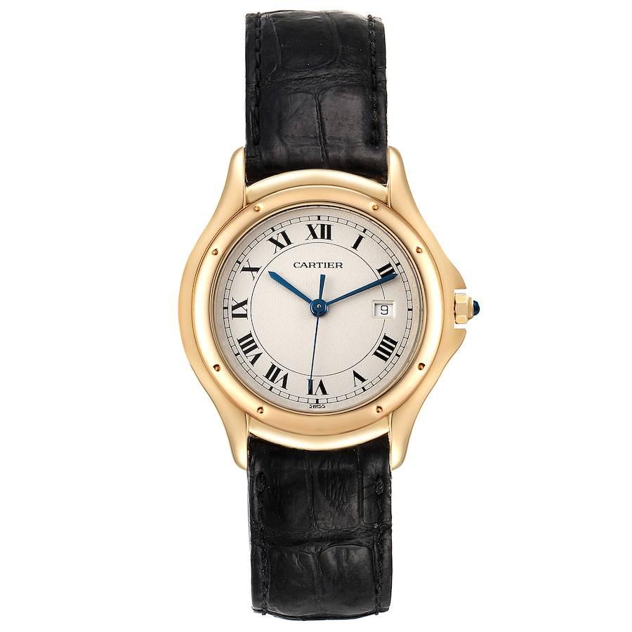 Cartier Cougar 18K Yellow Gold Silver Dial Ladies Watch 887920. Quartz movement. 18k yellow gold round case 32 mm in diameter Octagonal crown set with the blue sapphire cabochon. 18k yellow gold polished bezel, secured with 8 pins. Scratch resistant