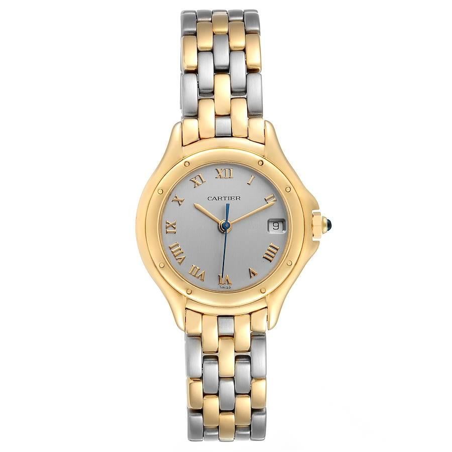 Cartier Cougar 18K Yellow Gold Steel Ladies Watch 117000. Quartz movement. 18k yellow gold round case 26 mm in diameter Octagonal crown set with the blue spinel cabachon. 18k yellow gold bezel, secured with 8 pins. Scratch resistant sapphire