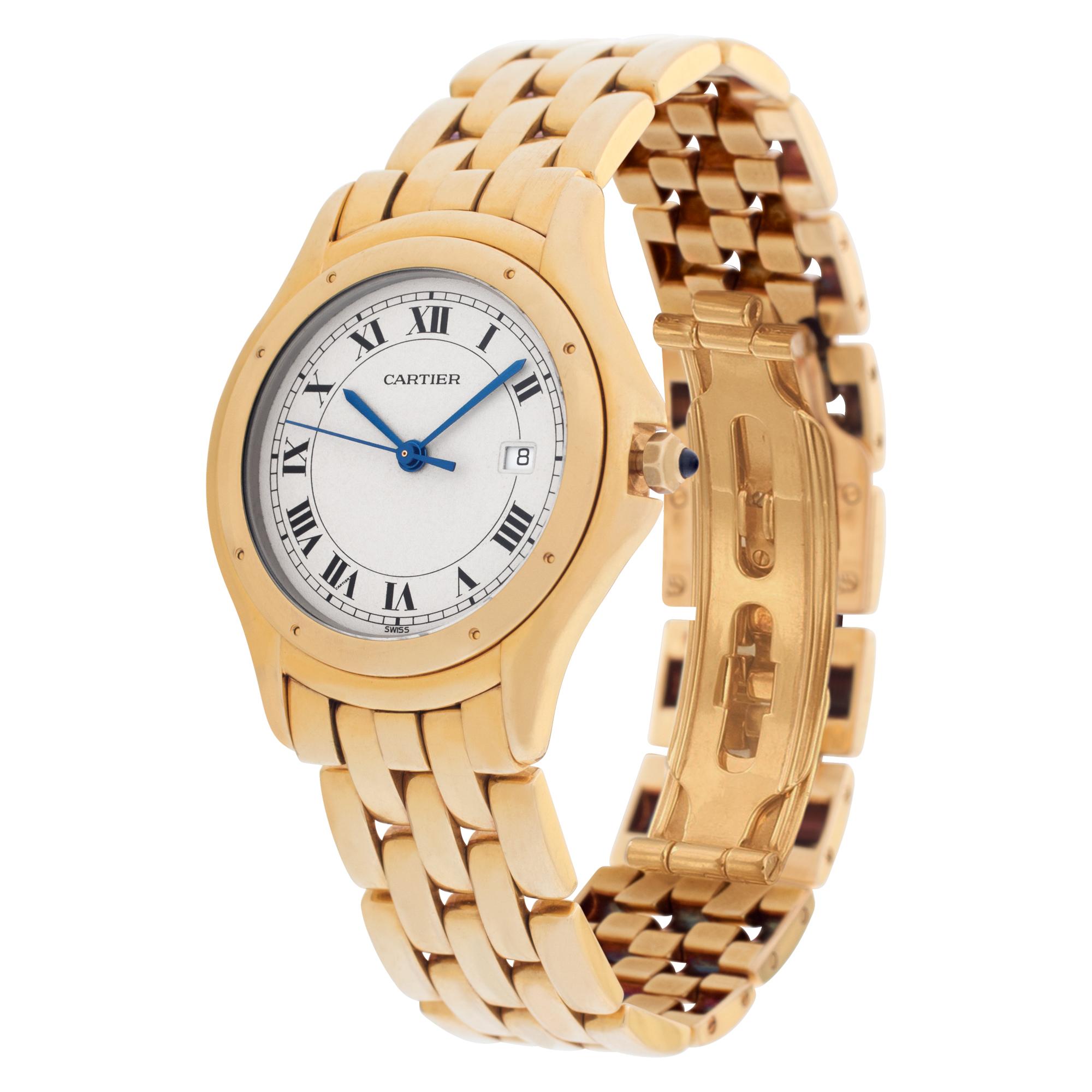 Cartier Cougar in 18k. Quartz w/ sweep seconds and date. 32 mm case size. With box and papers. Ref 887904. Fine Pre-owned Cartier Watch.

Certified preowned Dress Cartier Cougar 887904 watch is made out of yellow gold on a 18k bracelet with a 18k