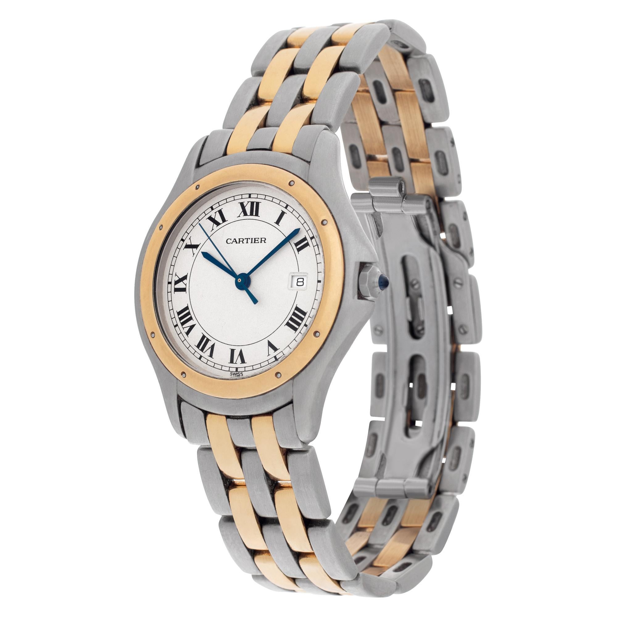 Cougar von Cartier aus 18k und Edelstahl. Quarz mit geschwungenen Sekunden und Datum. 33 mm Gehäusegröße. Ref 117000. Ca. 1990er Jahre. Pre-owned Cartier Uhr aus zweiter Hand.

Zertifizierte, gebrauchte Classic Cartier Cougar 117000 Uhr aus