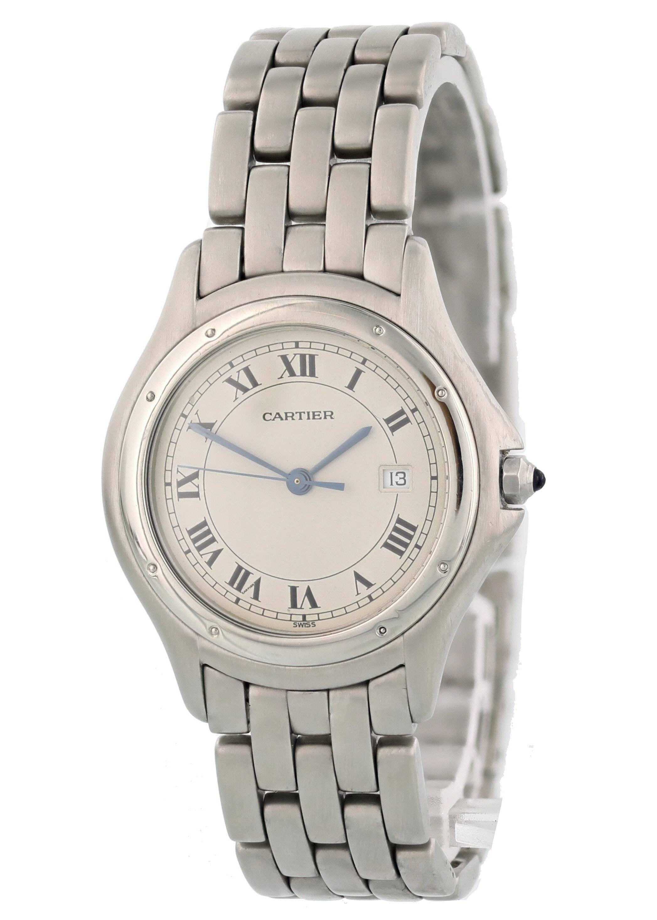 Cartier Panthere Stainless Steel. 34mm stainless steel case. Stainless steel bezel. Off-white dial with blue steel hands and black Roman numeral markers. Date display at the 3 o'clock position. Stainless steel bracelet with stainless steel hidden