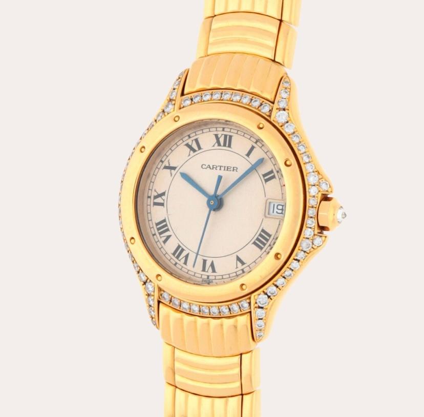 Reloj de pulsera Cartier Cougar A amarillo y engastado con diamantes con brazalete Corte brillante en venta