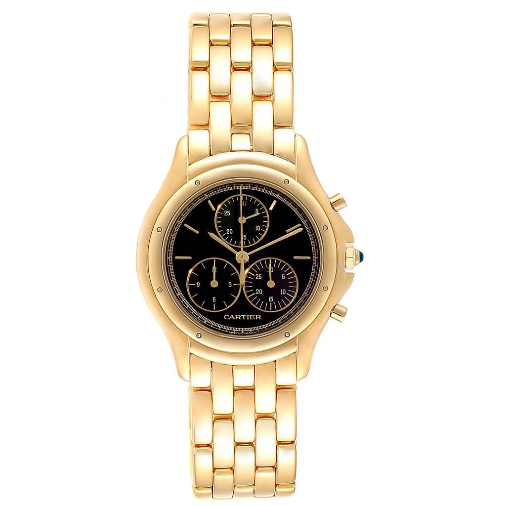 Cartier Cougar Chronograph Yellow Gold Black Dial Unisex Watch 1162. Quartz movement. Chronograph function. 18k yellow gold round case 33 mm in diameter Octagonal crown set with the blue sapphire cabochon. 18k yellow gold bezel, secured with 8 pins.