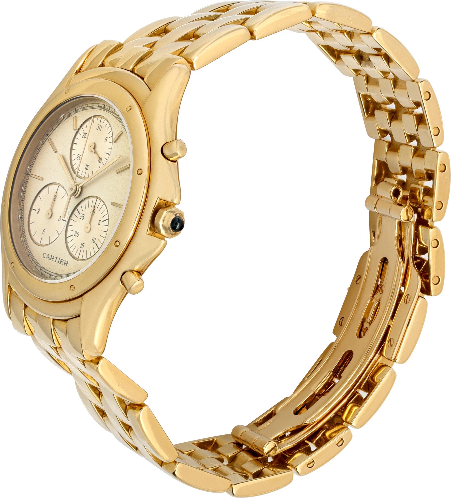 Cartier Cougar Chronograph in 18k yellow gold. Quartz w/ subseconds and chronograph. 33 mm case size. Ref 11621. Circa 1990s. Fine Pre-owned Cartier Watch.

 Certified preowned Dress Cartier Cougar 11621 watch is made out of yellow gold on a 18k