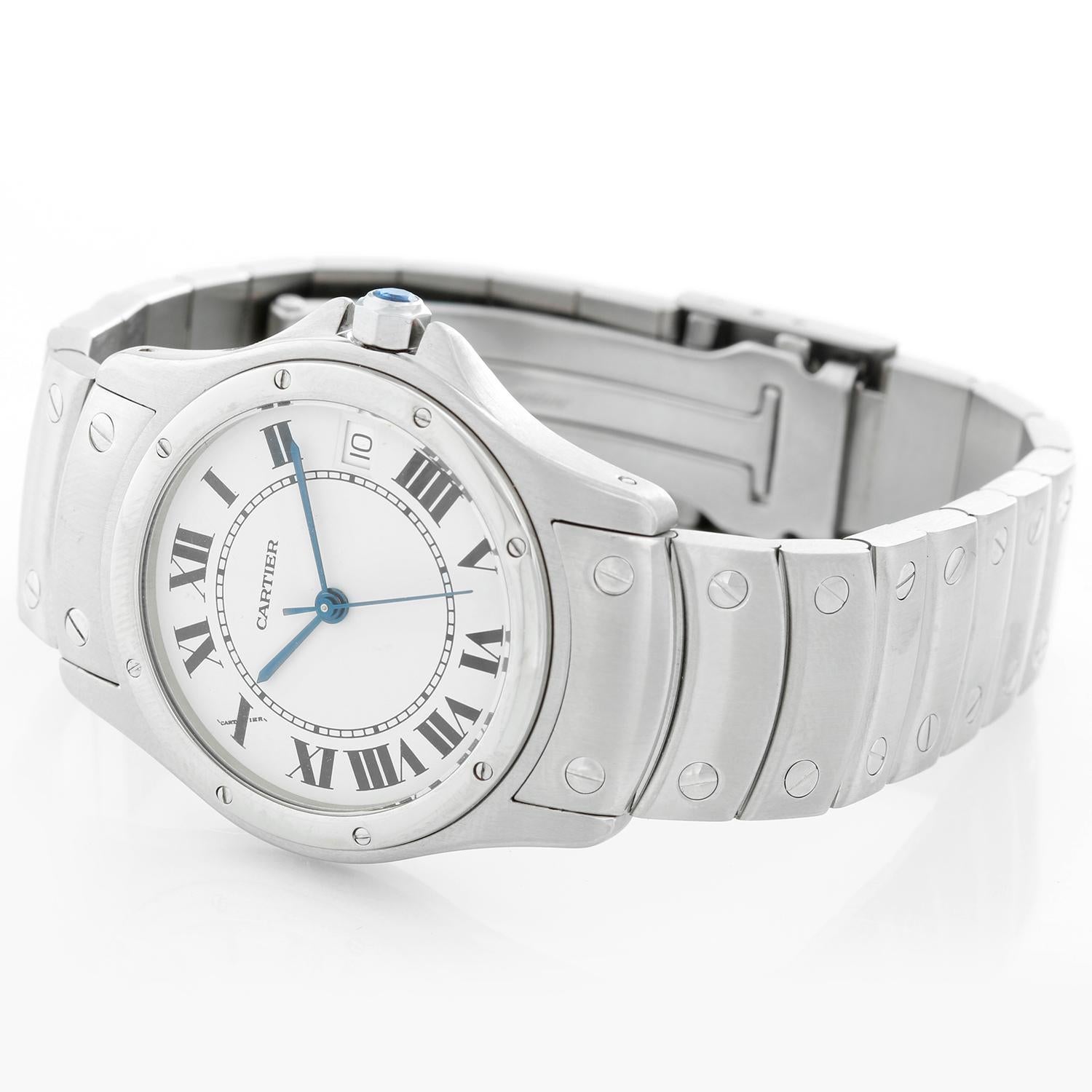 Cartier Cougar Men's/Ladies Midsize 33mm Stainless Steel Automatic Watch - Automatic . Stainless steel case (33mm diameter). White colored dial with black Roman numerals; date at 3 o'clock position. Stainless steel bracelet; will fit up to a 7 inch