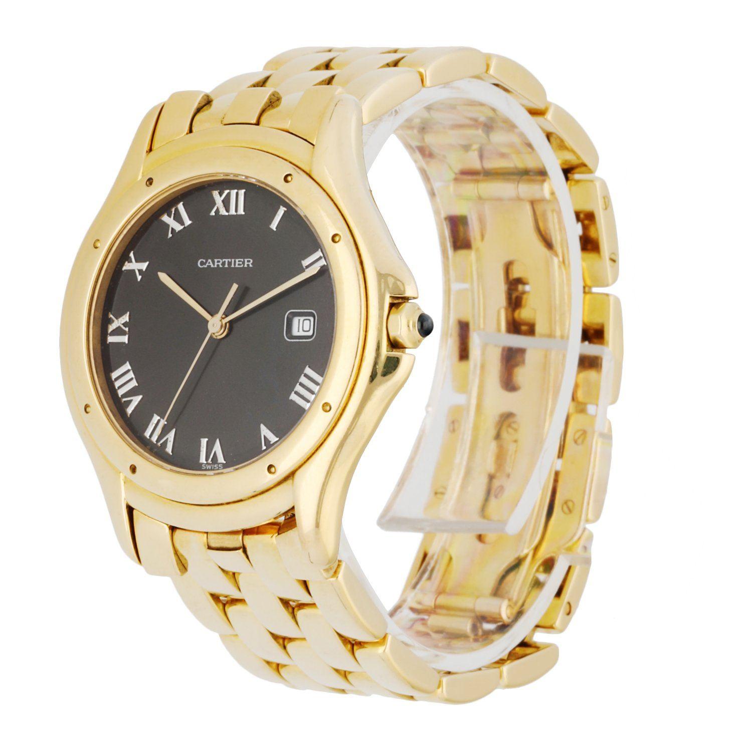 Cartier Cougar Panthere 116000R Large Watch. 34mm 18k Yellow gold case. 18k Yellow Gold smooth bezel. BlackÂ dial with gold hands and steel Roman numeral hour markers. Date display at the 3 o'clock position. 18K Yellow Gold Bracelet with 18K yellow
