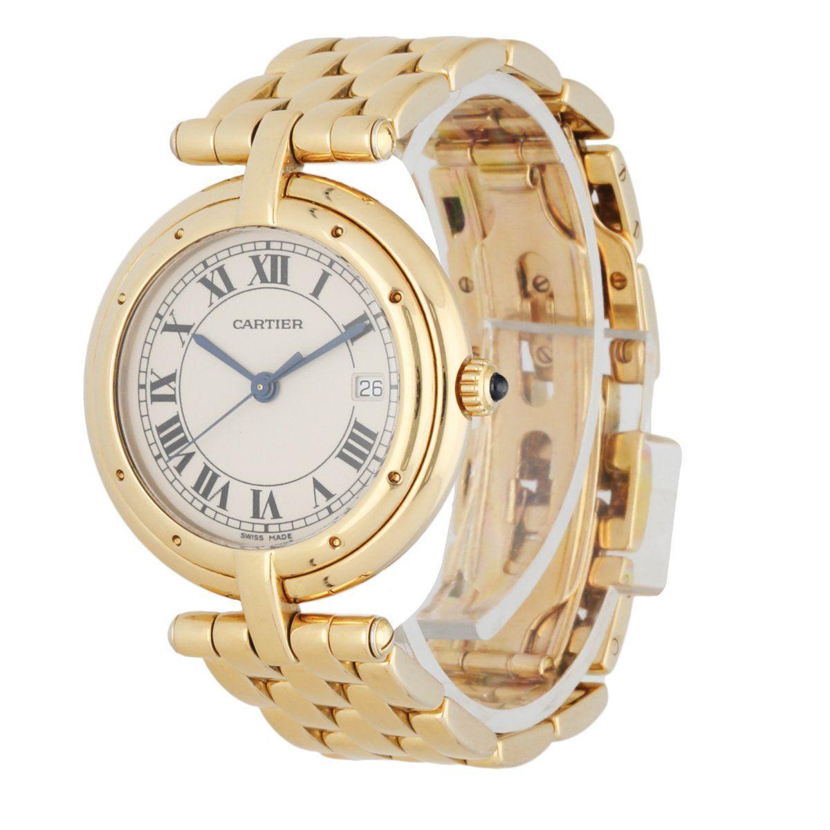 Cartier cougar Panthere Ladies Watch. 30mm 18k Yellow gold case. 18K Yellow Gold smooth bezel. Off-White dial with Blue steel hands and Roman numeral hour markers.Minute markers on the outer dial. Date display at 3 o'clock position. 18K Yellow Gold