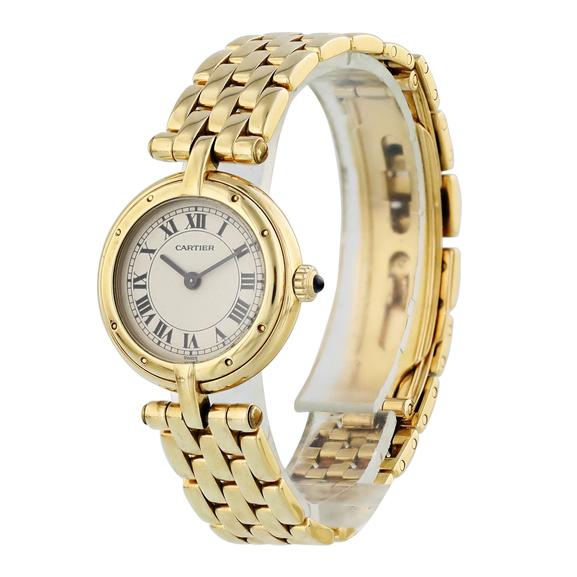 Cartier cougar Panthere Yellow Gold Ladies Watch. 
24mm 18k Yellow gold case. 
Yellow Gold smooth bezel. 
Off-White dial with Blue steel hands and Roman numeral hour markers. 
Minute markers on the outer dial. 
Yellow Gold Bracelet with Butterfly
