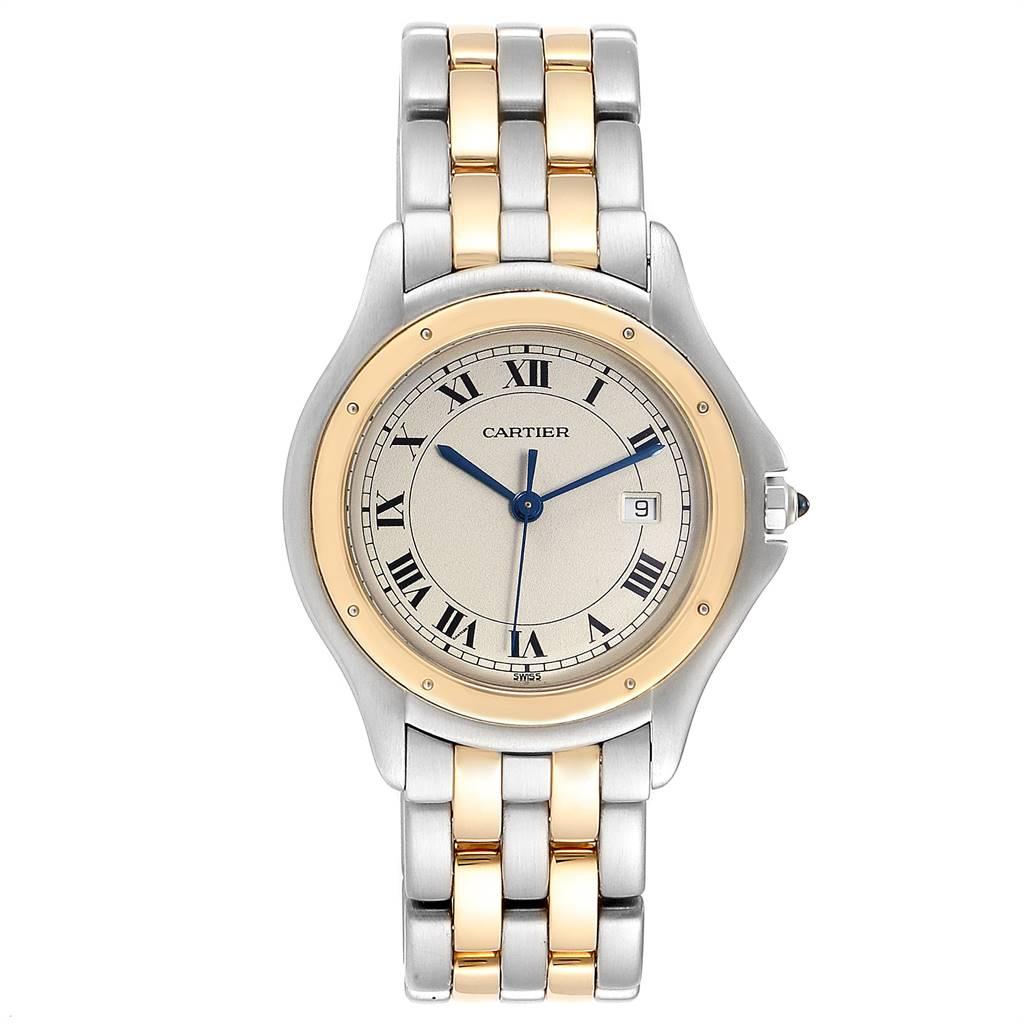 Cartier Cougar Steel 18K Yellow Gold Unisex Watch W35006B6. Quartz movement. Stainless steel and 18k yellow gold round case 32 mm in diameter. Octagonal crown set with the blue spinel cabachon. 18k yellow gold polished bezel, secured with 8 pins.