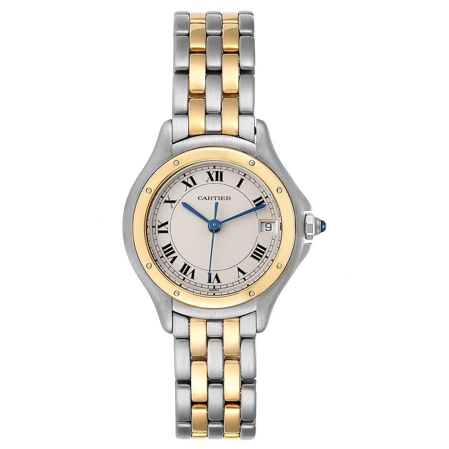 Cartier Cougar Steel 18K Yellow Gold Ladies Watch W35005B6. Quartz movement. Stainless steel and 18k yellow gold round case 26 mm in diameter. Octagonal crown set with the blue spinel cabachon. 18k yellow gold polished bezel, secured with 8 pins.