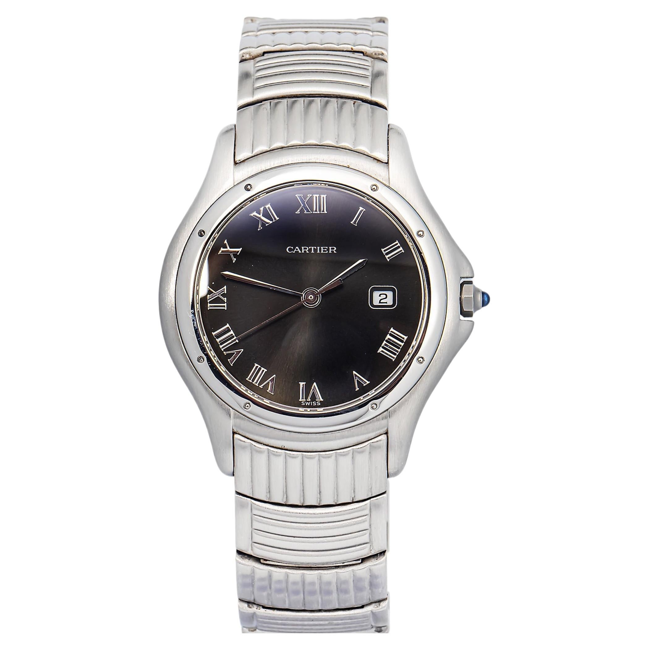 Cartier Cougar W35016F8 Stainless Quartz Black Roman Dial Unisex Watch 32mm For Sale